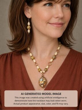 Brecciated Jasper 1 1/2" Oval Cabochon Necklace Earrings brown Ivory 20" copper